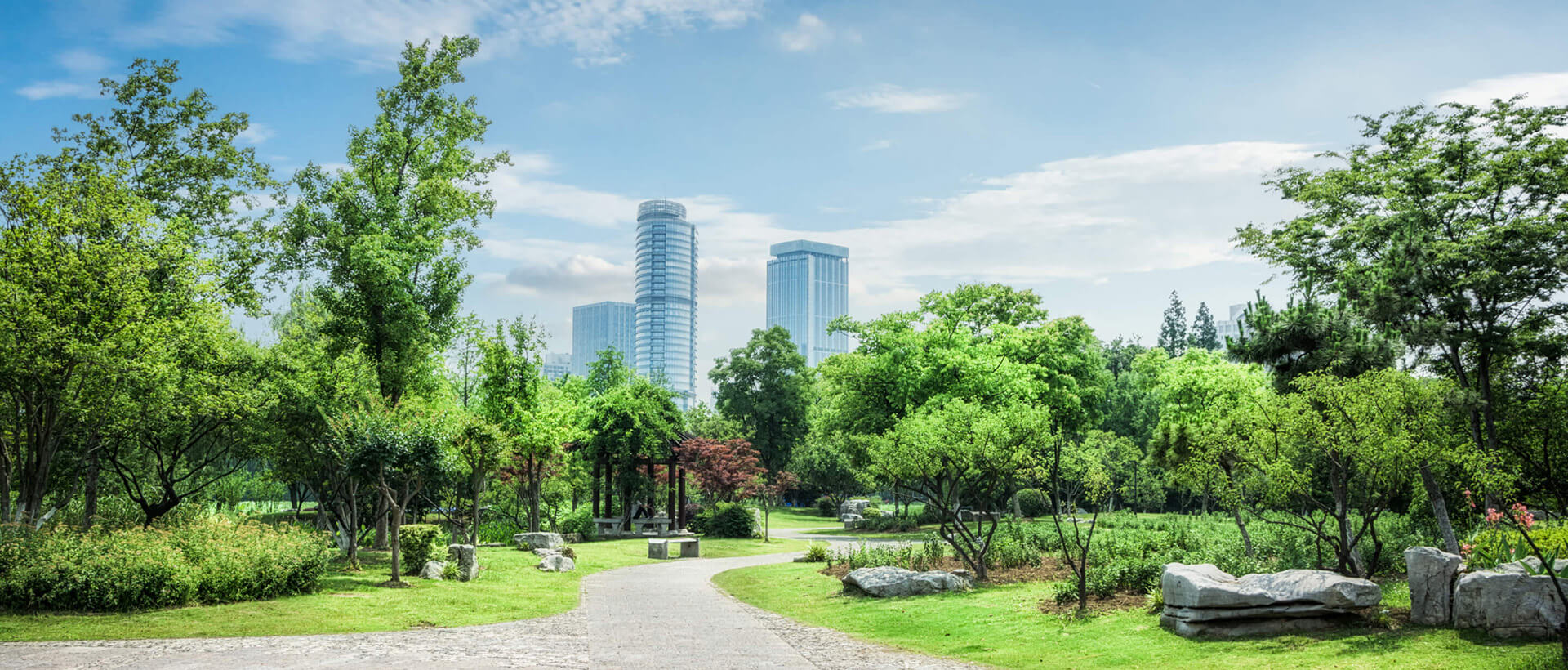 街と緑が広がる公園の風景
